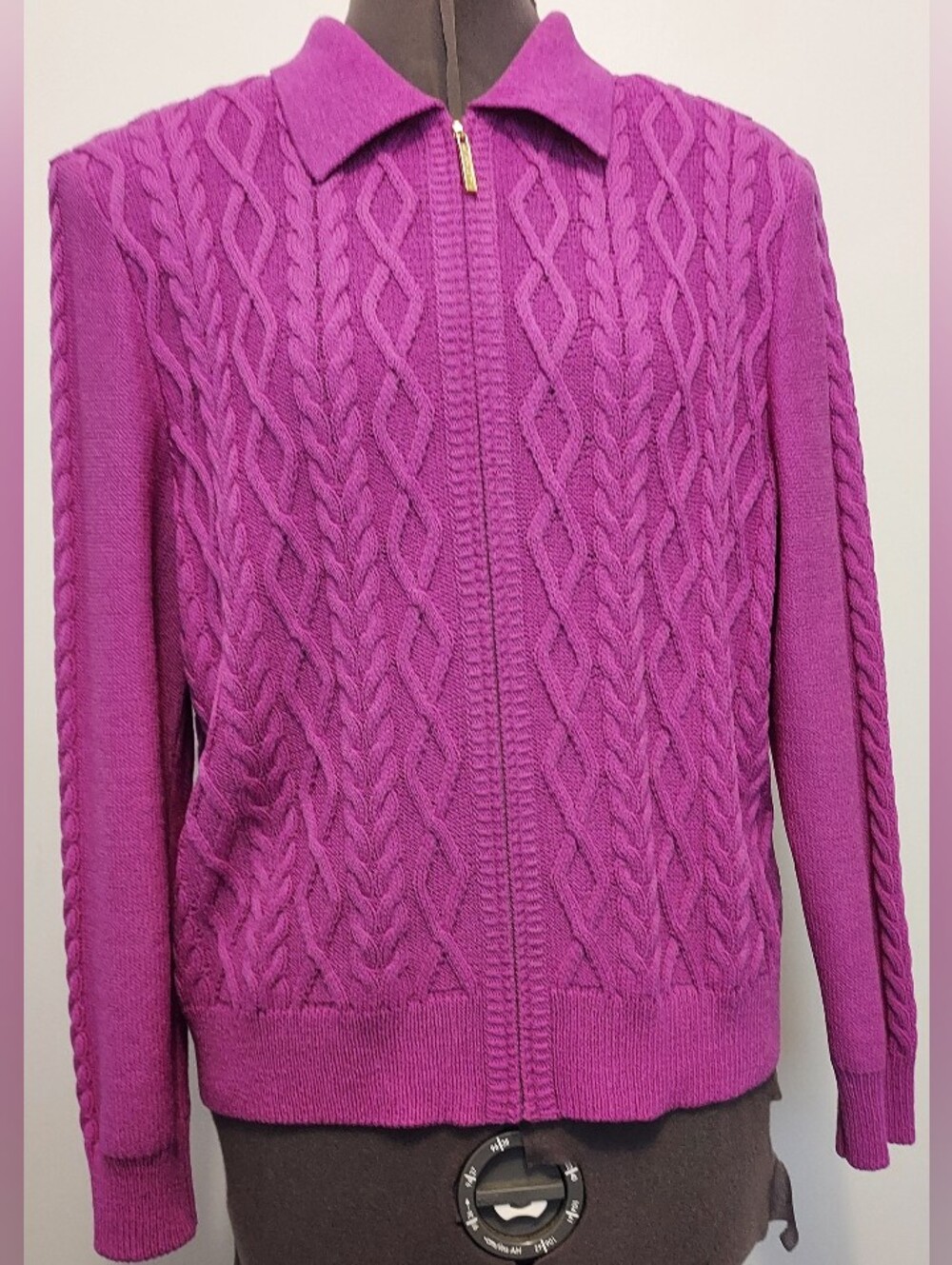 St. John Sport Essentials Magenta Cable Knit Full Zip Sweater M Wool Blend